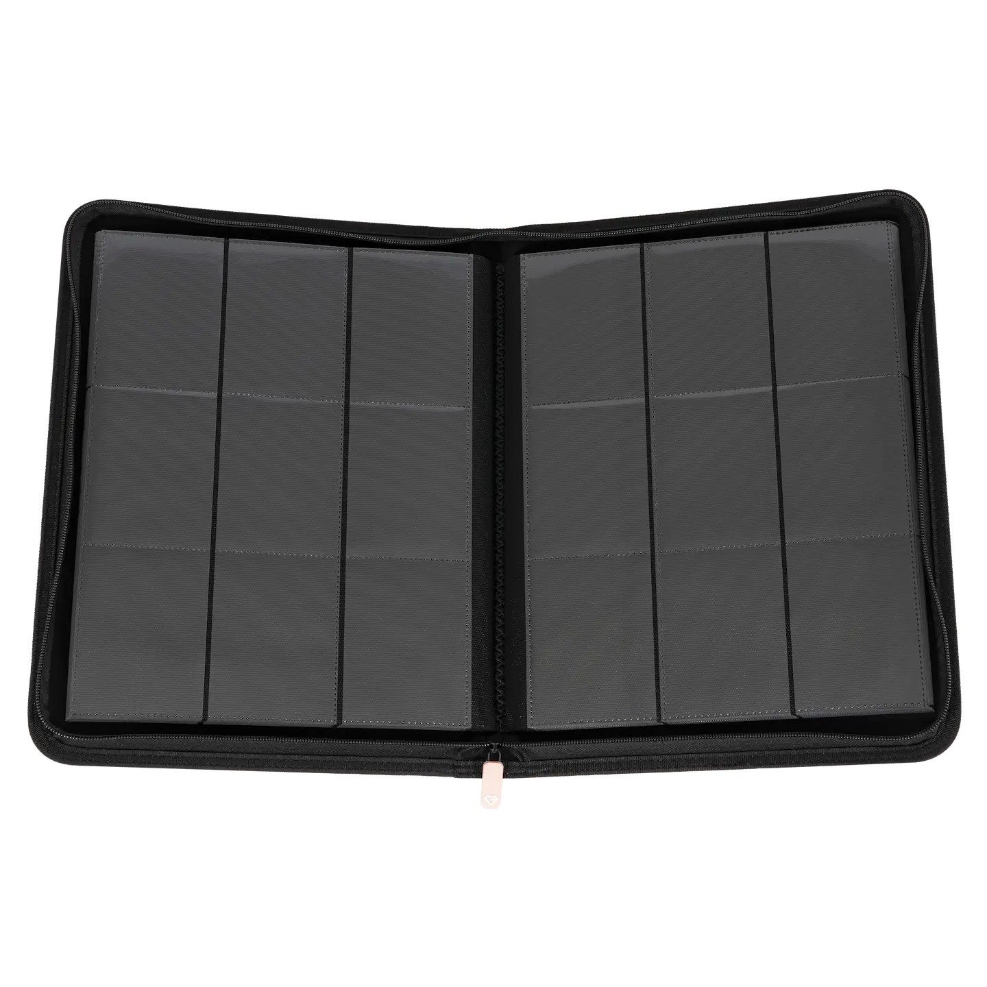9 Pocket Card Binder Pink with black compartments for storing trading cards.