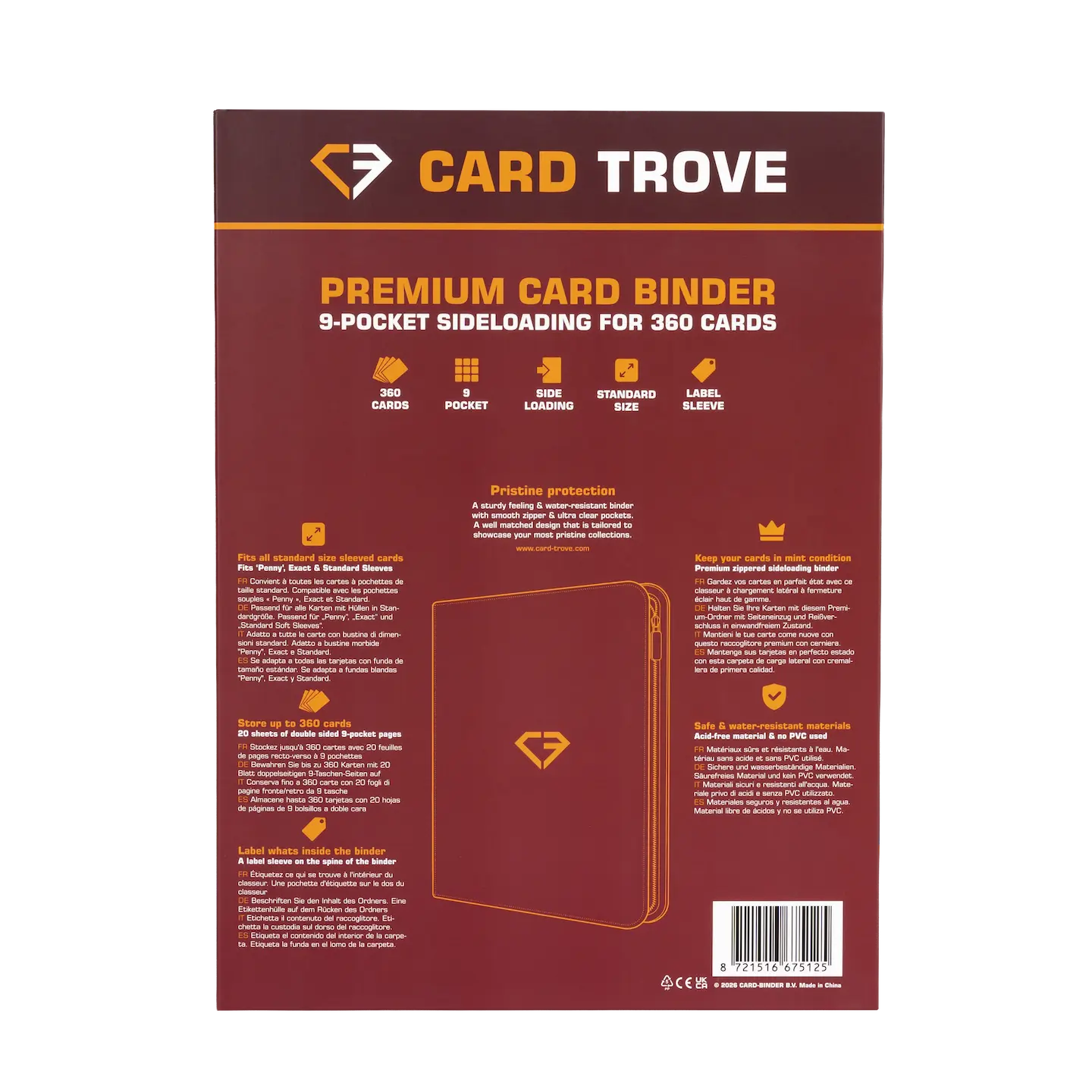 9-Pocket Card Binder Red with splash and impact resistant material, storing up to 360 standard trading cards.