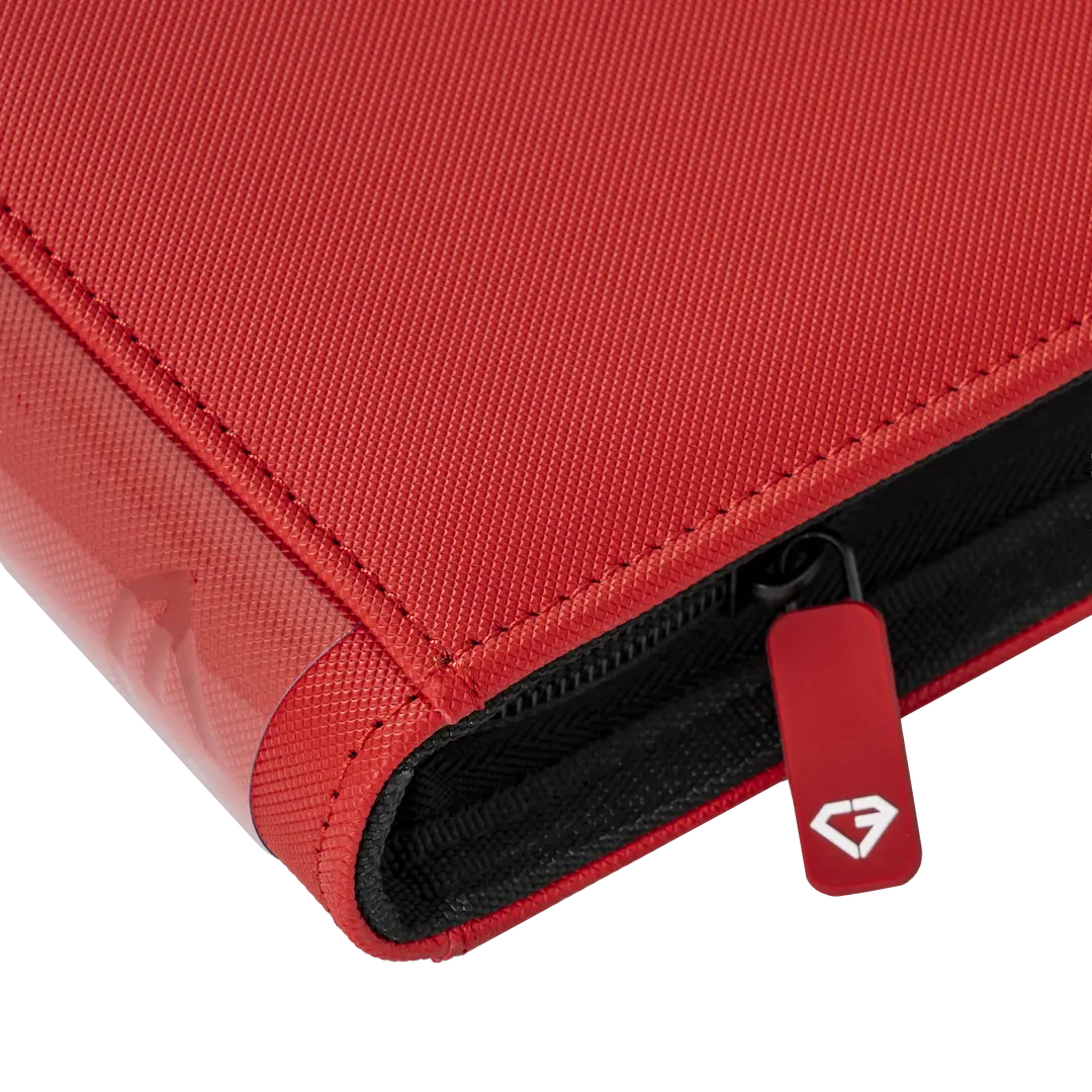 9-Pocket Card Binder Red close-up view showing sturdy zipper and premium red fabric.