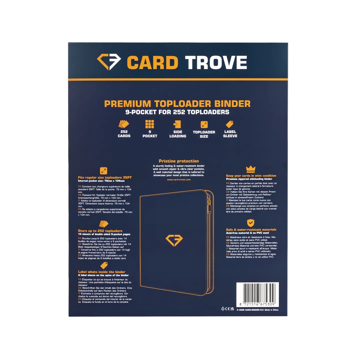 9-Pocket Toploader Card Binder Blue back view showcasing premium features and design for 252 toploaders.