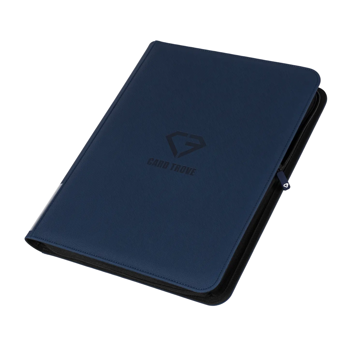 9-Pocket Toploader Card Binder Blue with smooth zipper and splash-resistant design for storing trading cards.