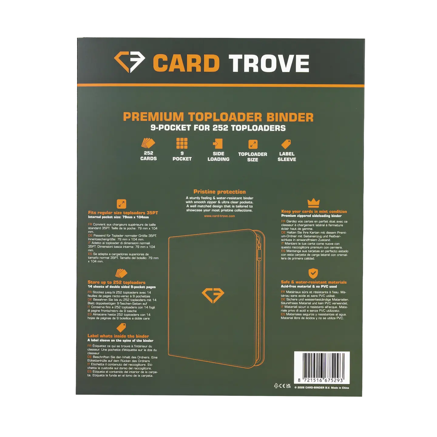 9-Pocket Toploader Card Binder Green back view showcasing features and specifications for 252 toploaders.