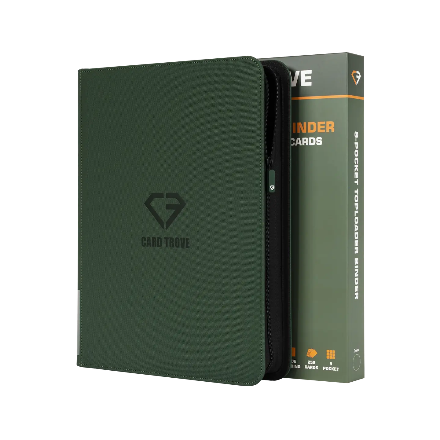 9-Pocket Toploader Card Binder Green with a sturdy design for storing 252 trading cards and durable zipper closure.