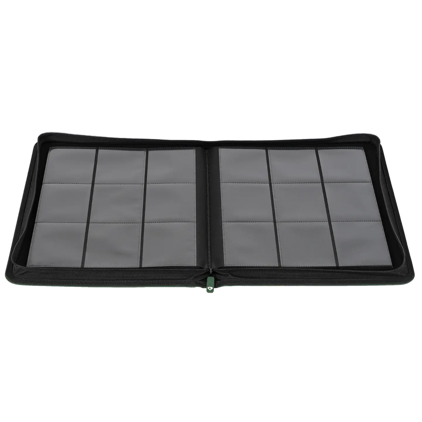 9-Pocket Toploader Card Binder Green with grey compartments for storing trading cards securely.