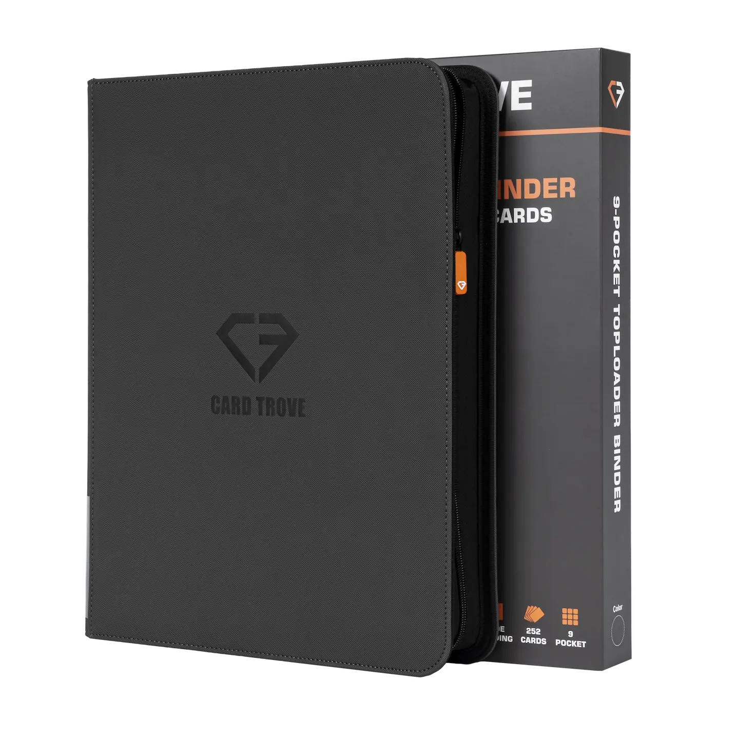 9 Pocket Toploader Card Binder in grey, designed for storing 252 standard size toploaders securely.