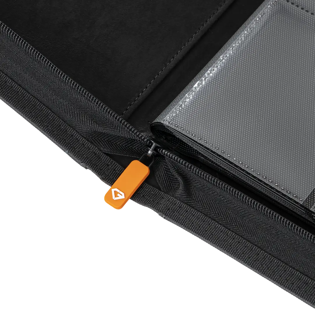 9 Pocket Toploader Card Binder zipper detail showcasing durable construction for secure card storage.