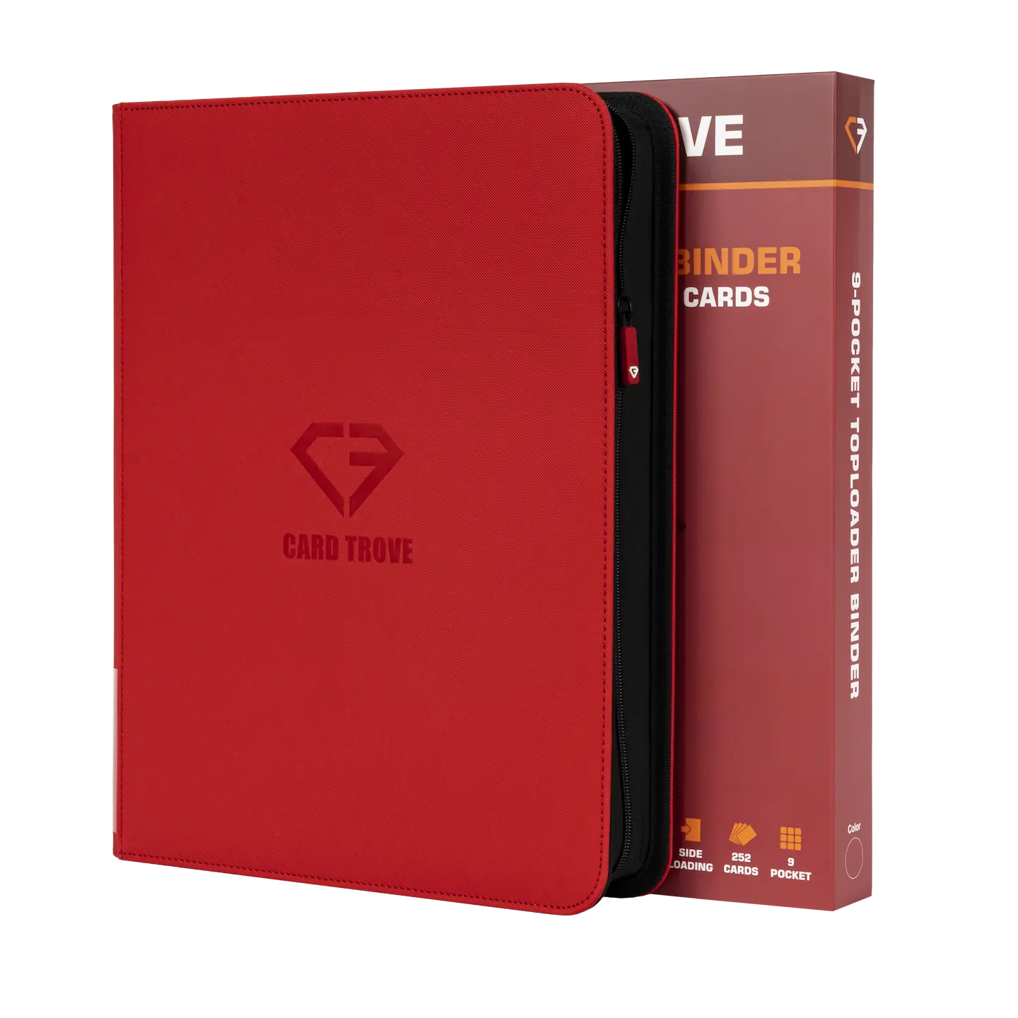 9-Pocket Toploader Card Binder Red in a smooth zipper design with a sturdy cover for trading card storage.