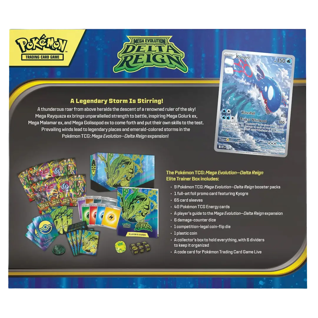 Delta Reign Elite Trainer Box (Live-stream) featuring Mega Rayquaza and TCG essentials for collectors.