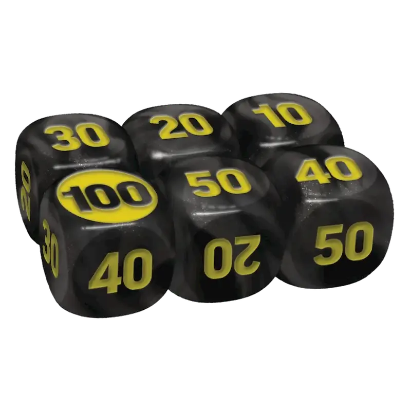 Close-up of gaming dice featuring numbers 10, 20, 30, 40, 50, and 100 in yellow on black surface.