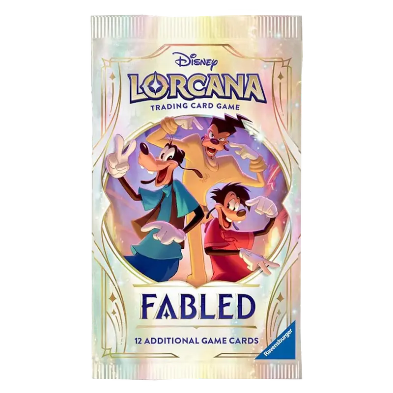 Fabled Booster Pack featuring Disney Lorcana trading card game design with beloved characters.