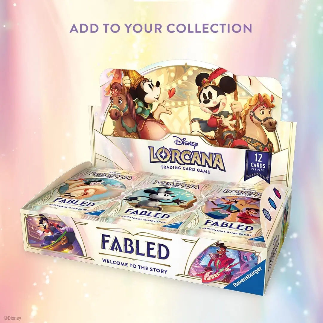 Fabled Booster Box featuring Disney Lorcana trading cards with characters and a colorful display.