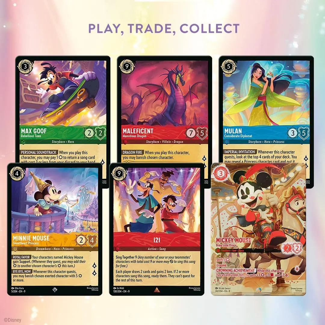 Fabled Illumineer's Trove showcasing collectible cards featuring Disney characters Max Goof, Maleficent, Mulan, and more.