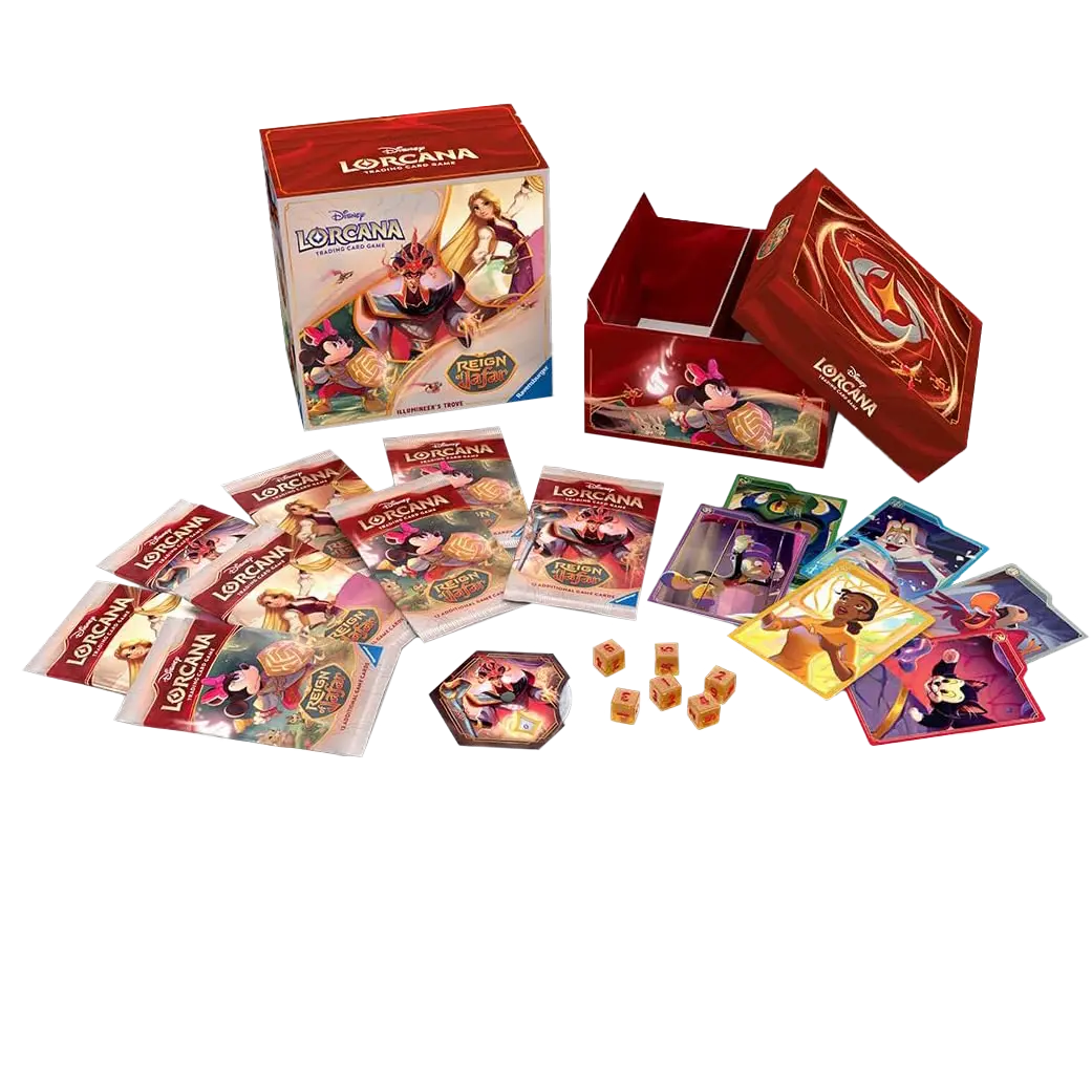 Reign of Jafar Illumineer's Trove featuring booster packs, cards, and a deluxe storage box from Disney Lorcana.