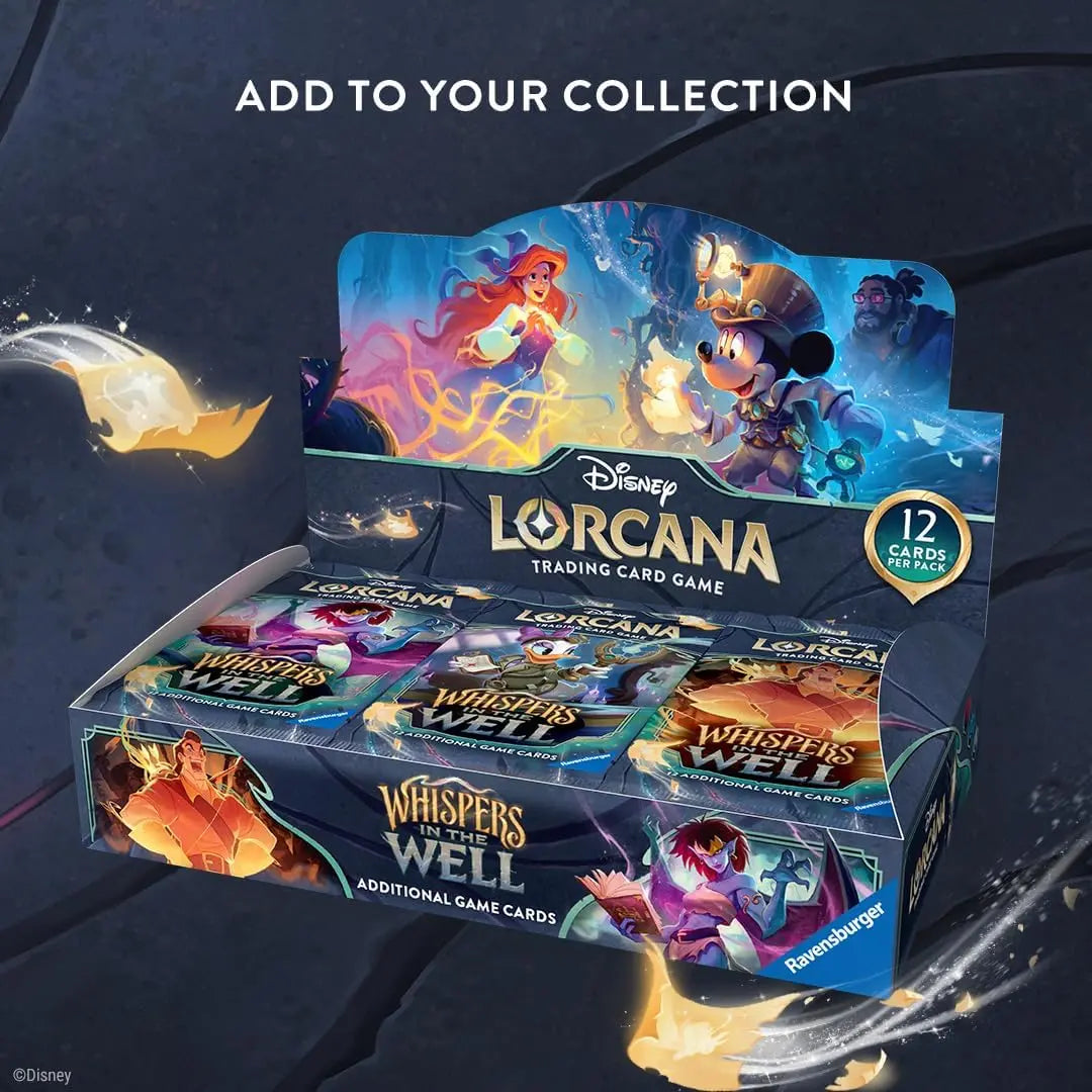 Whispers in the Well Booster Box featuring Disney Lorcana trading card game with 12 cards per pack.