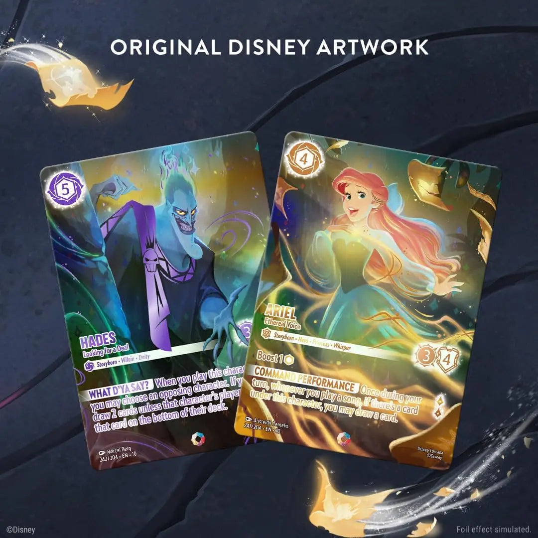 Whispers in the Well Illumineer's Trove featuring Hades and Ariel Disney artwork cards