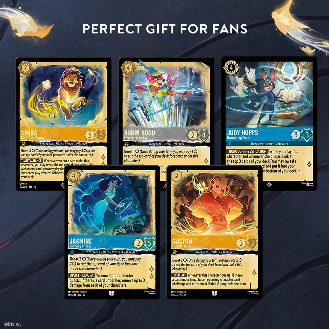 Whispers in the Well Illumineer's Trove showcasing character cards including Simba, Robin Hood, Judy Hopps, Jasmine, and Gaston.