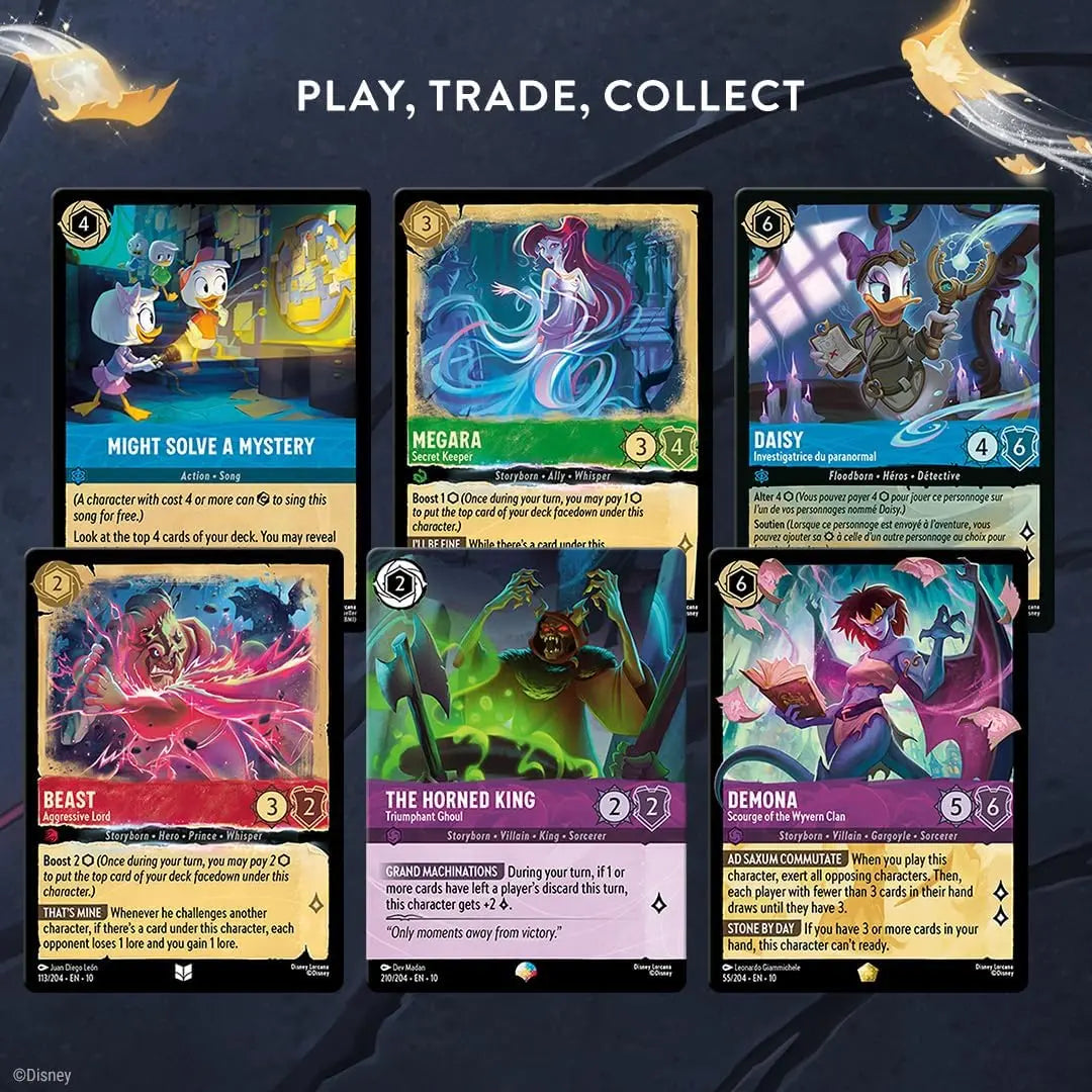 Image of Disney Lorcana cards featuring Might Solve a Mystery, Megara, Daisy, Beast, The Horned King, and Demona.