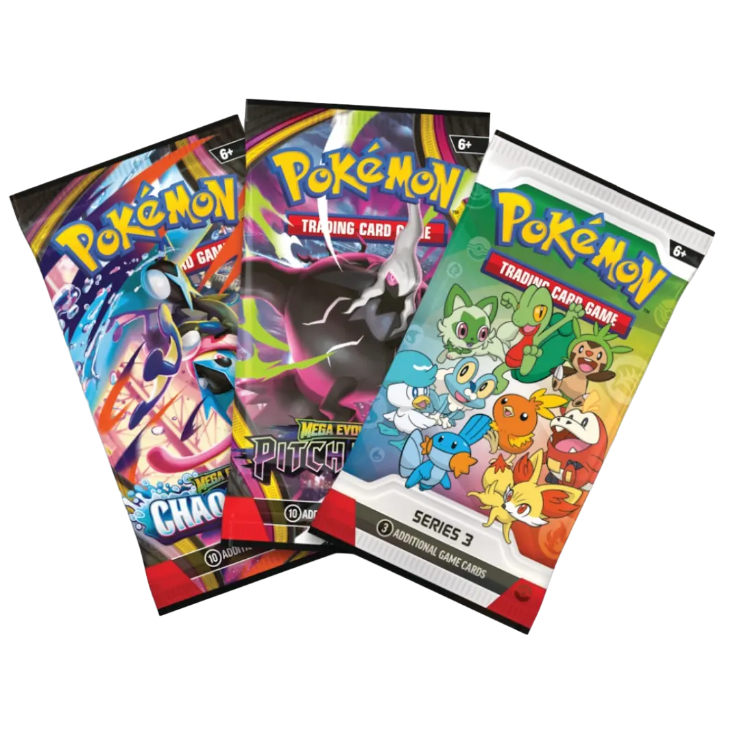 Pokémon TCG First Partner Illustration Collection Series 3 booster packs featuring iconic Pokémon.