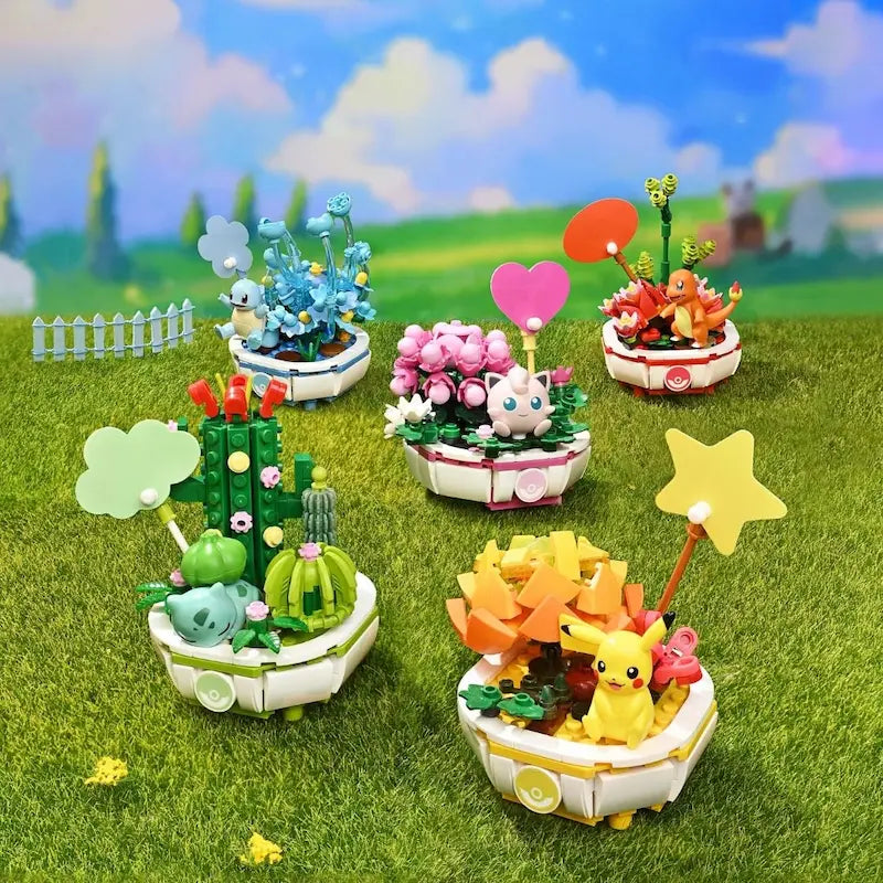 Keeppley Pokémon Bonsai 1.0 Kanto sets featuring Pokémon like Pikachu and Jigglypuff in vibrant bonsai designs.