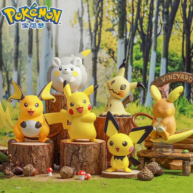 Lovely Pokémon Figure featuring Pikachu, Raichu, Mimikyu and more on tree stumps in a vibrant forest setting.