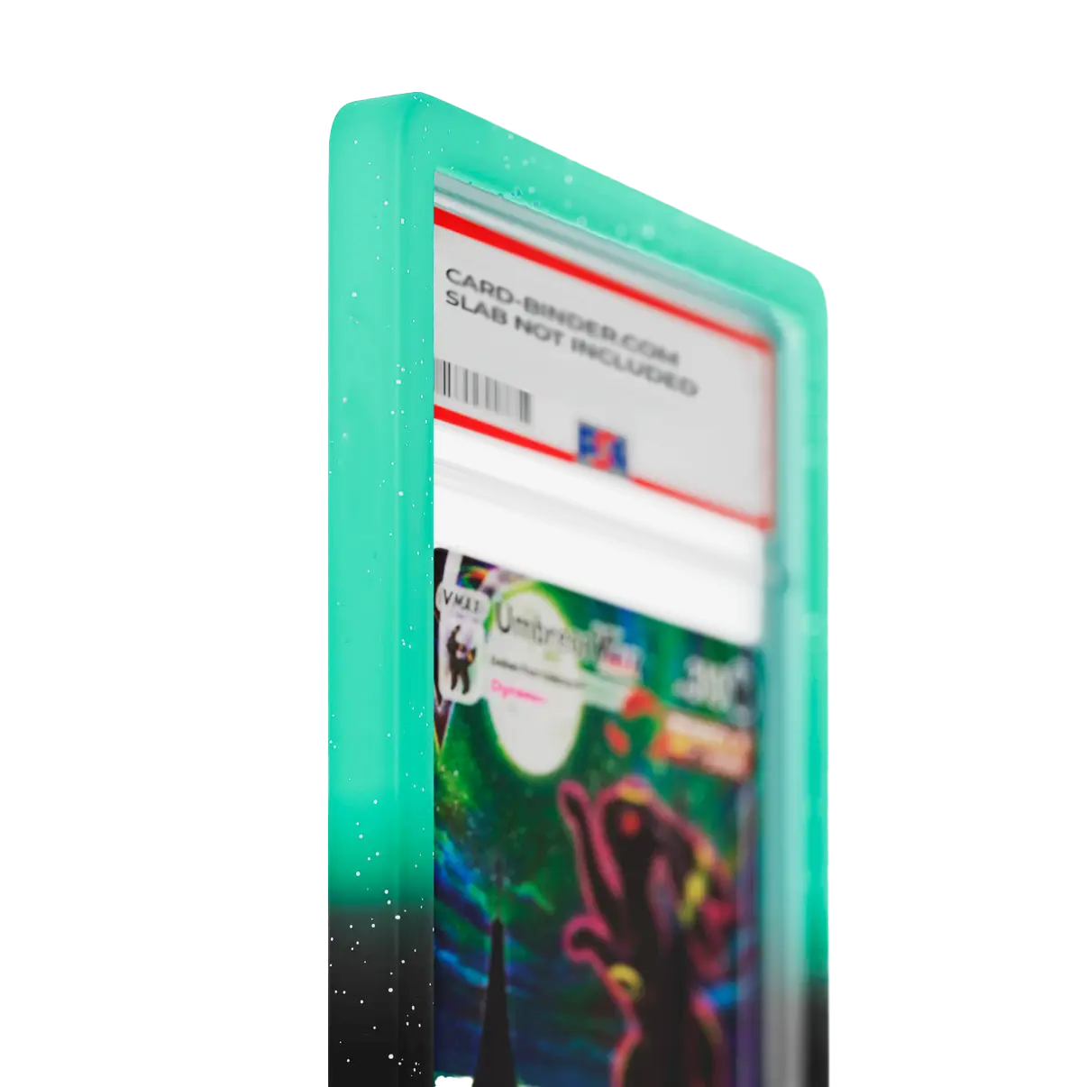 PSA Slab Guard - Luminous in green and black gradient protecting an Umbreon PSA 10 slab with radiant sparkle design.