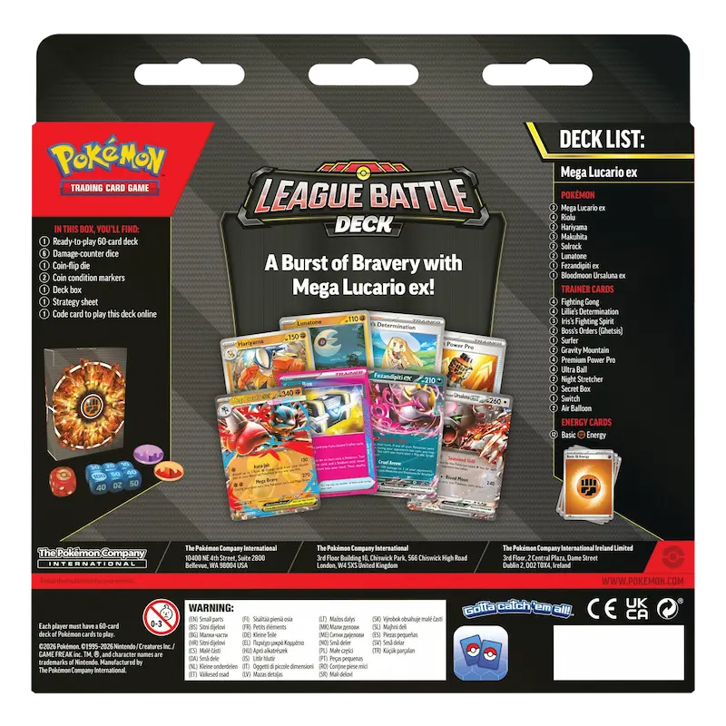 League Battle Deck Mega Lucario ex product packaging with deck list and featured cards.