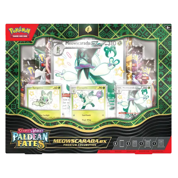 Meowscarada EX Premium Collection featuring shiny Pokémon cards from Pokémon TCG SV04.5 Paldean Fates.
