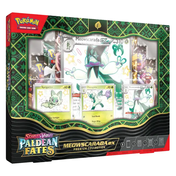 Meowscarada EX Premium Collection from Pokémon TCG featuring shiny Pokémon cards and accessories from SV04.5 Paldean Fates.