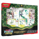 Meowscarada EX Premium Collection from Pokémon TCG featuring shiny Pokémon cards and accessories from SV04.5 Paldean Fates.