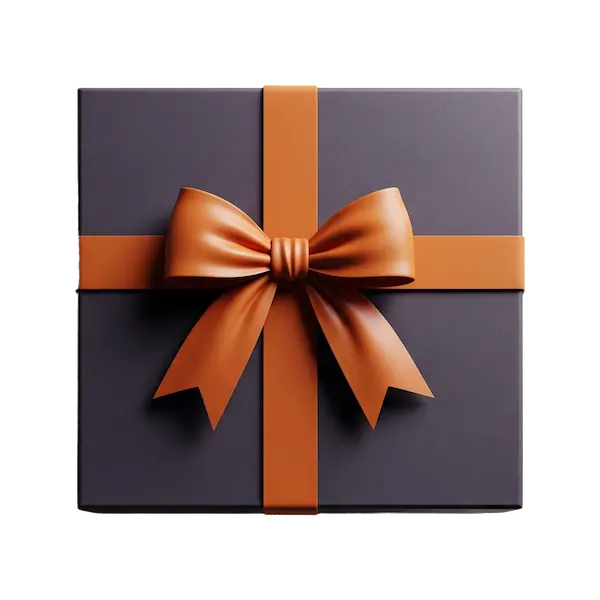 A gift box with an orange ribbon, symbolizing the special Freebee add-on option with every order.