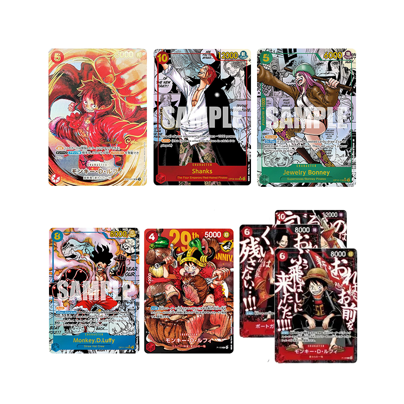 Pack One Piece Hit (diffusion en direct) incluant diverses cartes à collectionner comme Shanks et Monkey D. Luffy.