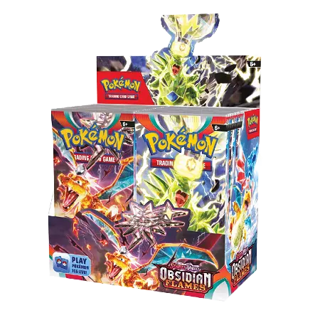 Pokémon SV03 Obsidian Flames Booster Box featuring 36 packs of cards for avid collectors and players.