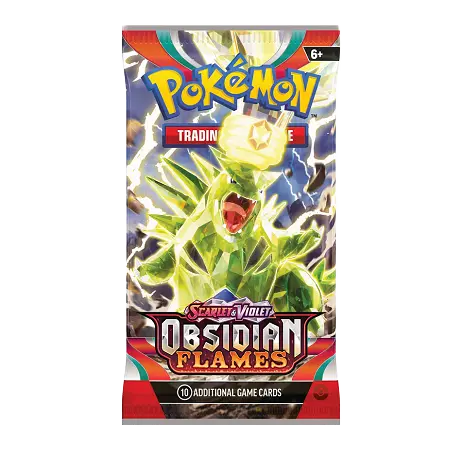 Pokémon Obsidian Flames booster pack featuring vibrant design, containing 10 additional game cards from SV03 set.