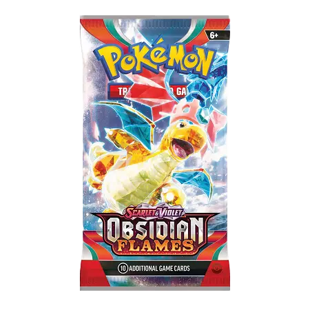 Pokémon Obsidian Flames booster pack featuring Charizard, perfect for completing the SV03 set with 10 additional game cards.
