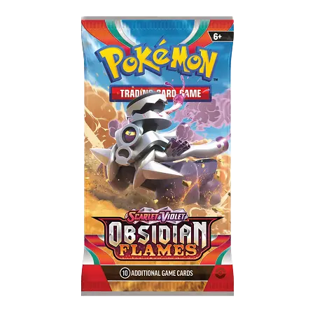 Pokémon Obsidian Flames booster pack featuring 10 additional game cards from the Scarlet & Violet series.