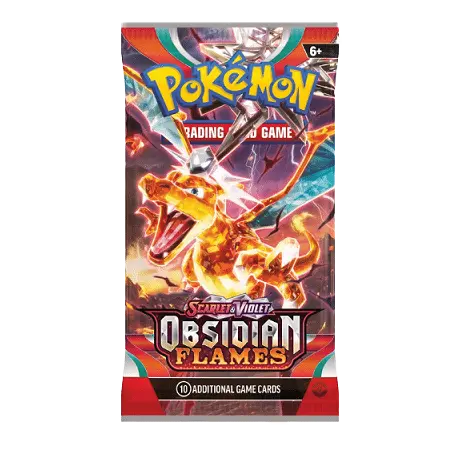 Pokémon Obsidian Flames Booster Pack featuring Charizard, part of the SV03 series with 10 additional game cards.