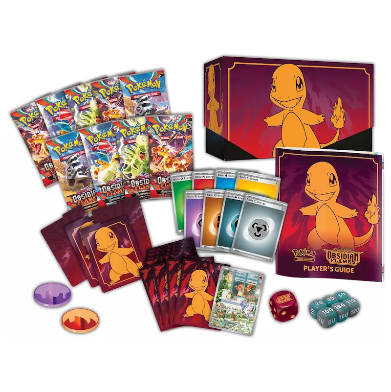 Obsidian Flames Elite Trainer Box featuring Charmander, booster packs, player’s guide, and game accessories for Pokémon SV03.
