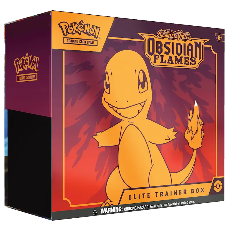 Pokémon SV03 Obsidian Flames Elite Trainer Box featuring Charmander, vibrant design and awesome collectibles.