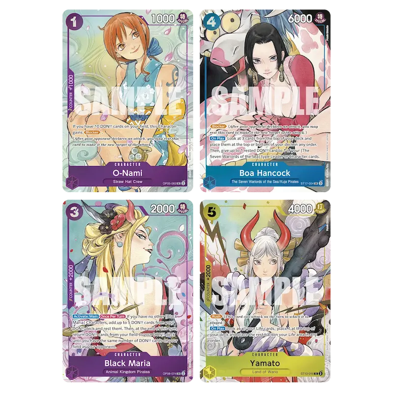 Dash Pack 2025 featuring characters O-Nami, Boa Hancock, Black Maria, and Yamato from One Piece Card Game.