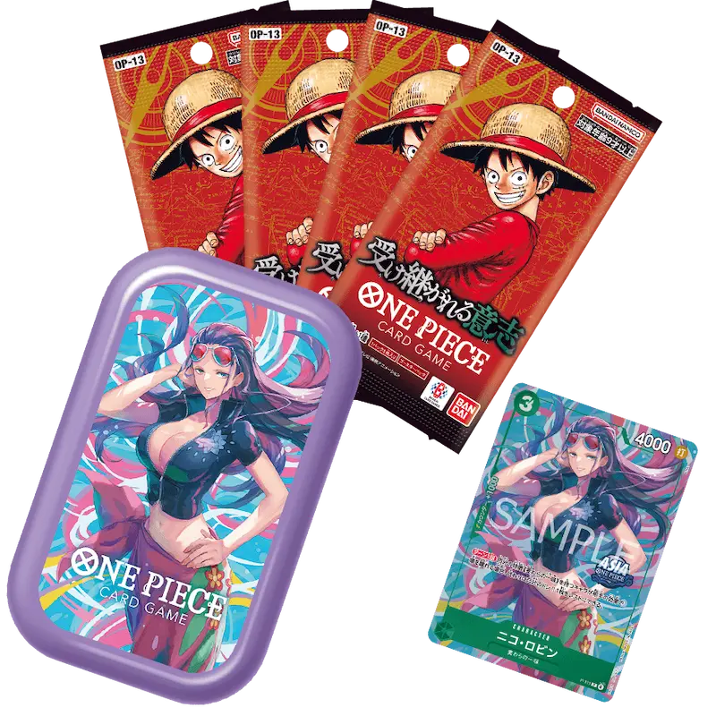 One Piece Vol 3 Tin Pack Set featuring Nami, Nico Robin, and Jewelry Bonney with booster packs and promo card.