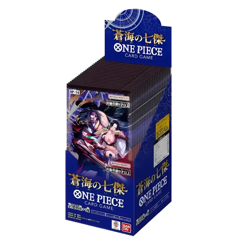 The Azure Seven booster box featuring 24 packs for One Piece OP14 card game.