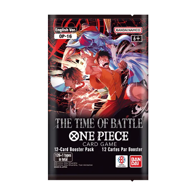 The Time of Battle Booster box featuring One Piece Card Game with dynamic characters and battle imagery.