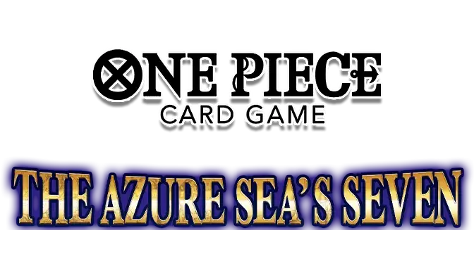 One Piece Card Game logo featuring The Azure Sea's Seven title, colorful and engaging design appealing to fans.