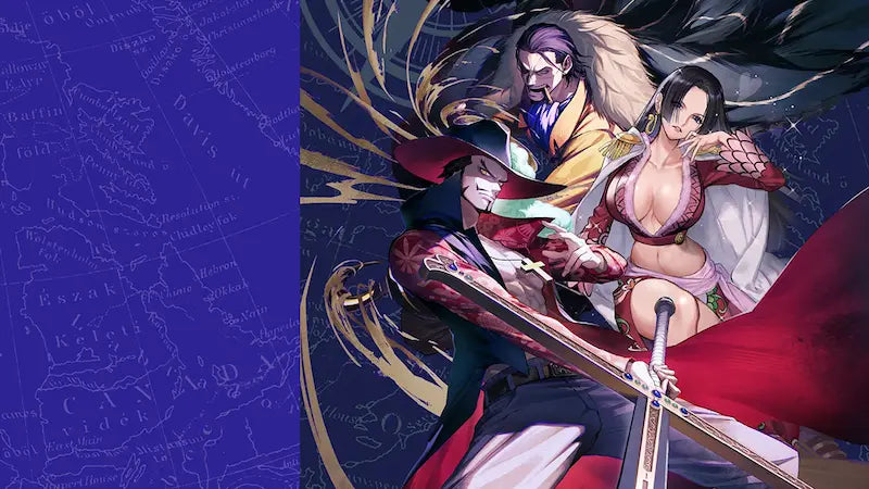 Dynamic anime art featuring three intense characters with swords against a vibrant background.