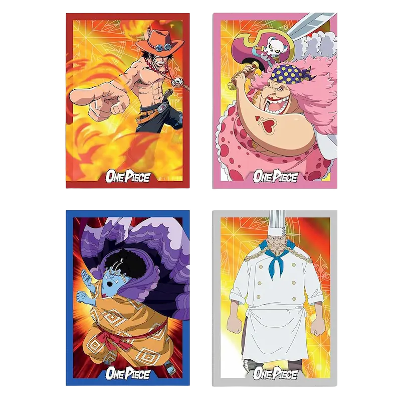 Four unique cards from the One Piece Panini 25th Anniversary Booster Box (Live-stream), featuring popular characters.