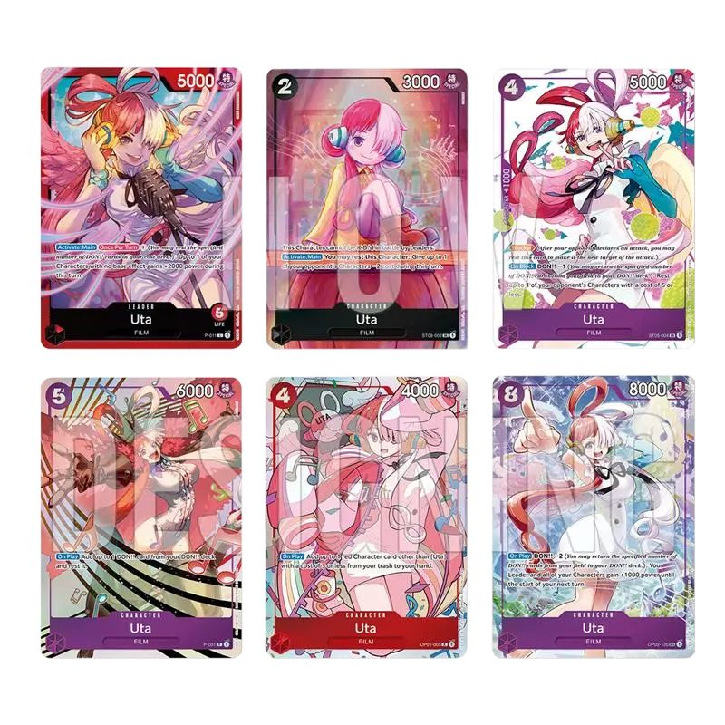 One Piece Premium Card collection UTA featuring 6 promo cards with various Uta characters and stats.