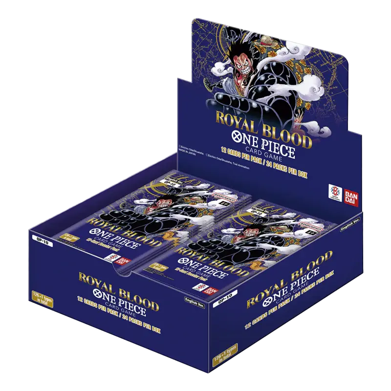 One Piece Royal Blood Booster Box displaying 24 packs featuring unique cards for the popular card game.