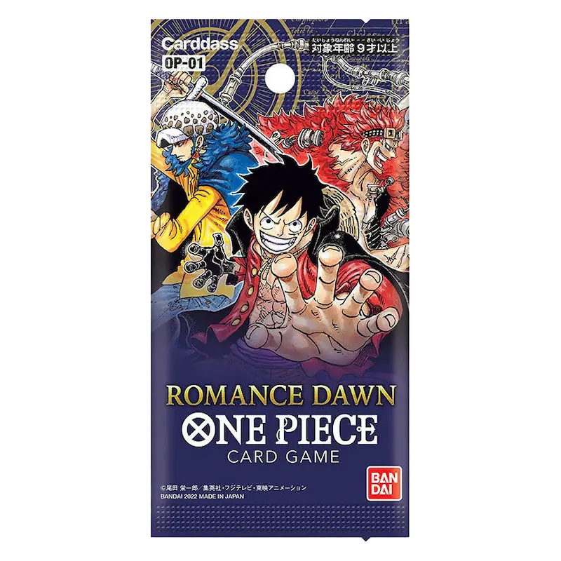 Romance Dawn Japanese Booster Box featuring One Piece characters on pack design, includes card game elements and branding.