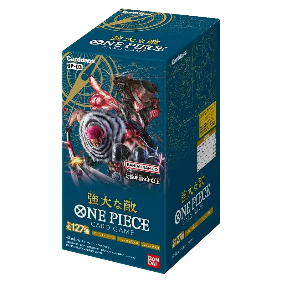 Pillars of Strength Japanese Booster Box featuring One Piece OP-03 card game packaging with vibrant artwork.