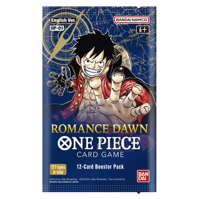 Romance Dawn Booster pack for One Piece TCG featuring Luffy, 12 unique cards, released December 2nd 2022.